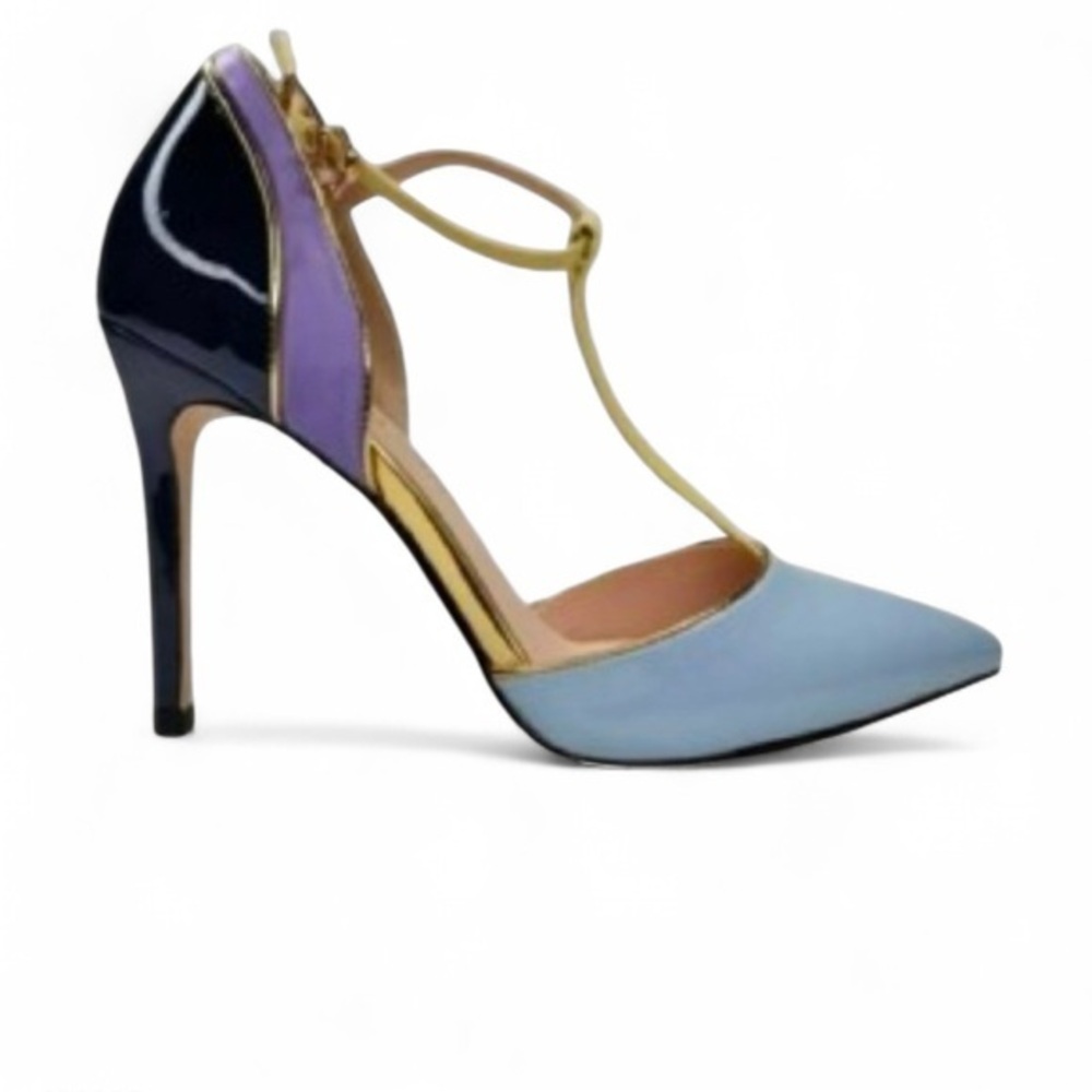 Things || Come Women's Blue Colorblock Pointed Toe T-Strap Pumps Size 7.5 - Picture 4 of 5